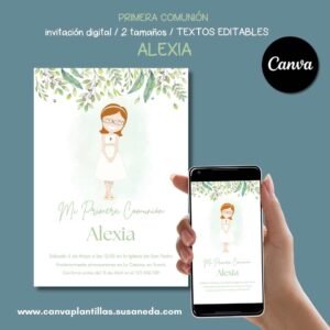 Alexia invitacion de Comunión editable en CANVA