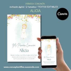 Alicia invitación editable en Canva