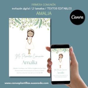 Amalia invitación Comunión editable en CANVA