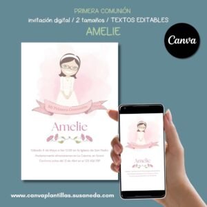 Amelie plantilla de invitación de Comunión editable en Canva