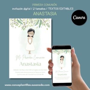 Anastasia invitación de Comunión editable en Canva