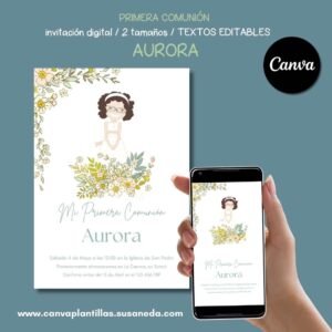 Aurora plantilla de invitación de Comunión editable en Canva