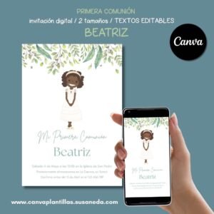 Beatriz invitación Comunión editable en CANVA