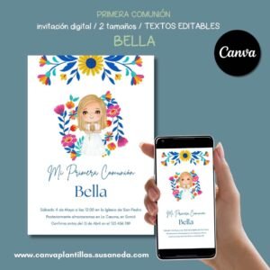 Bella invitación de Comunión editable en Canva