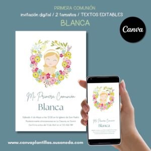 Blanca invitación Comunión editable en Canva