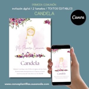 Candela plantilla de invitación de Comunión editable en Canva