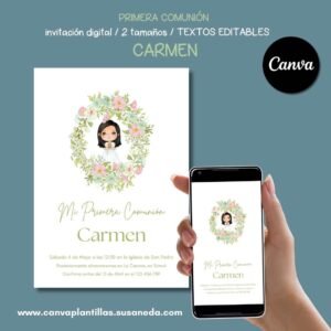 Carmen plantilla invitación Comunión editable en Canva
