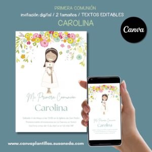 Carolina plantilla invitación de Comunión editable en Canva