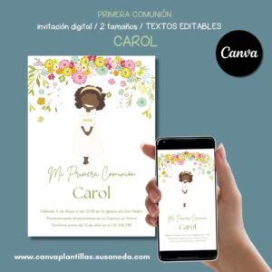 Carol plantilla de invitación de Comunión editable en Canva