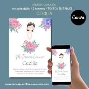 Cecilia invitación de Comunión editable en Canva