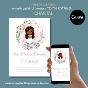 Chantal plantilla invitación Comunión editable en Canva