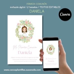 Daniela plantilla invitación Comunión editable en Canva