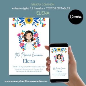 Elena plantilla invitación Comunión editable en Canva