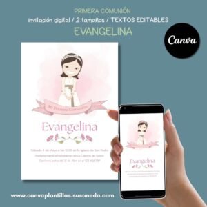 Evangelina plantilla de invitación de Comunión editable en Canva