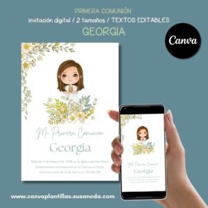 Georgia plantilla de invitación de Comunión editable en Canva