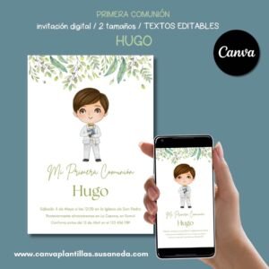 Hugo invitación de Comunión editable en Canva