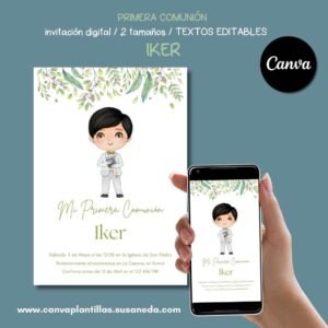 Iker plantilla de invitación de Comunión editable en Canva