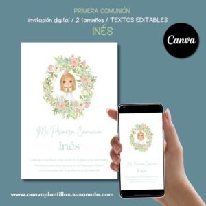 Inés plantilla de invitación de Comunión editable en Canva