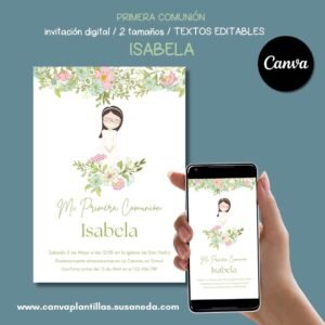 Isabela plantilla invitación Comunión editable en Canva