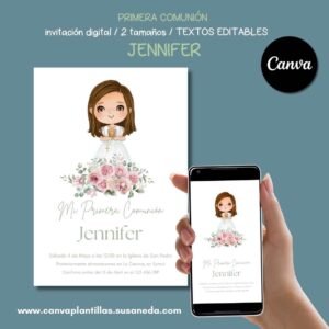 Jennifer plantilla invitación Comunión editable en Canva