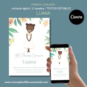 Luana invitación de Comunión editable en Canva
