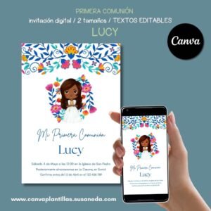 Lucy invitación de Comunión editable en Canva
