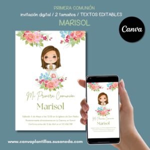 Marisol plantilla de invitación de Comunión editable en Canva