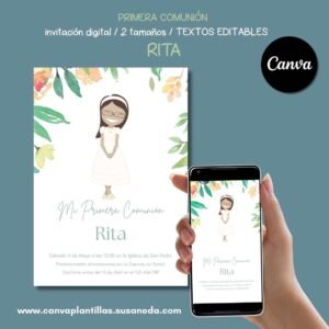 Rita invitación de Comunión editable en Canva