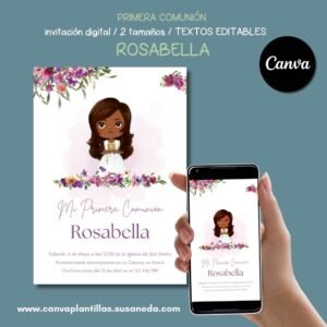 Rosabella plantilla invitación Comunión editable en Canva