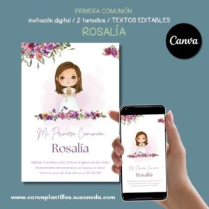 Rosalía plantilla invitación Comunión editable en Canva