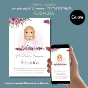 Rosaura plantilla invitación Comunión editable en Canva
