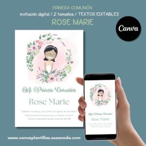 Rose Marie plantilla de invitación de comunión editable en Canva