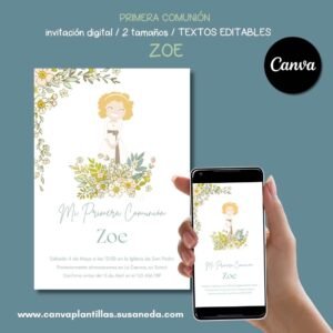 Zoe plantilla de invitación de Comunión editable en Canva